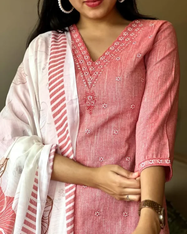 Khadi Cotton Peach Kurti Pant Dupatta Set