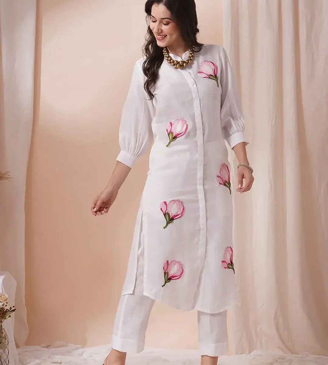 White Cotton Office Wear Kurti Set