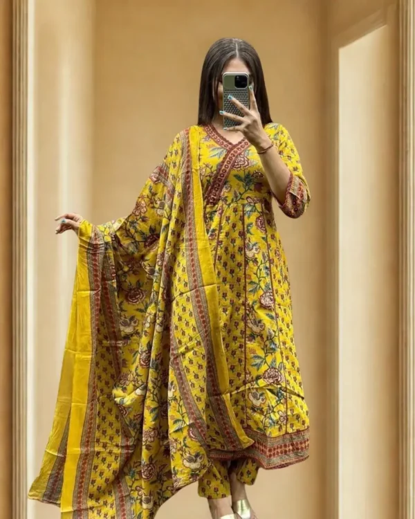 Yellow Cotton Floral Print Kurti Pant With Dupatta
