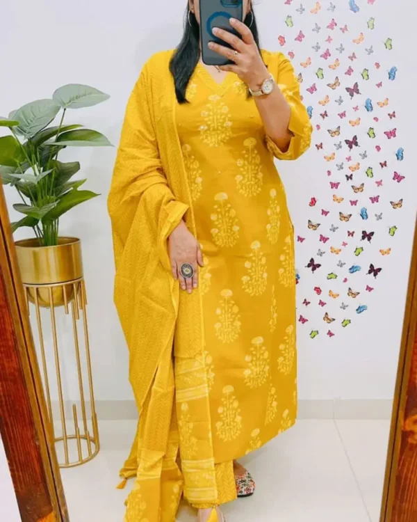 Yellow Cotton Kurti Pant With Dupatta Set