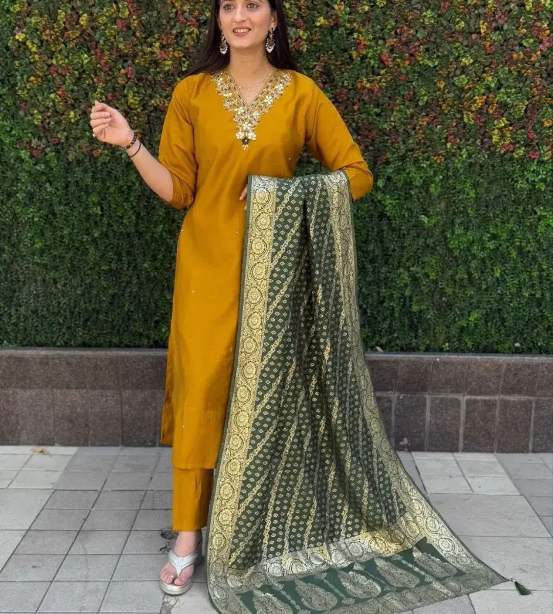 Yellow Printed Kurti Pant With Dupatta​