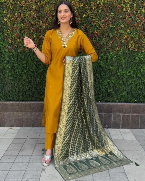 Yellow Printed Kurti Pant With Dupatta​