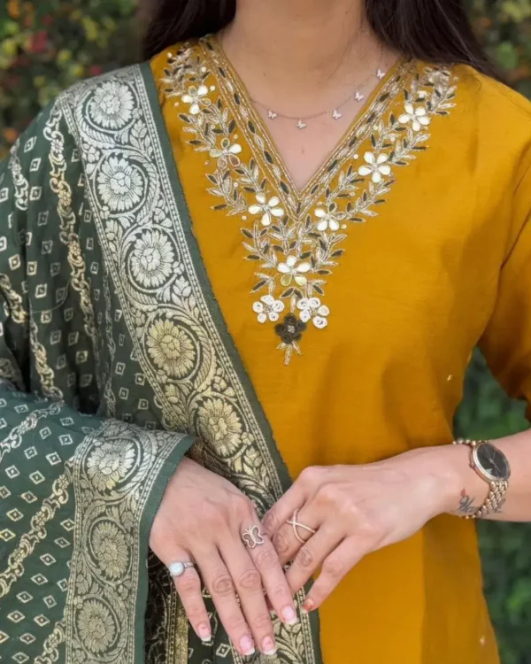 Yellow Printed Kurti Pant With Dupatta​ Front