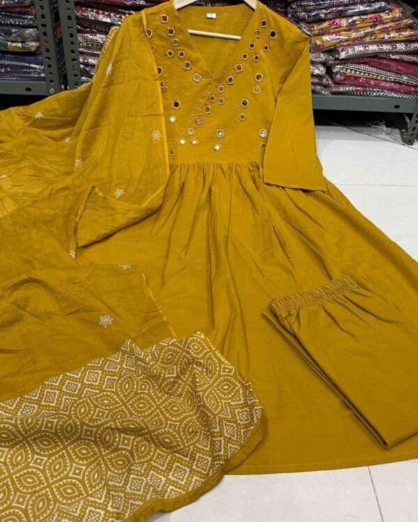 Yellow Printed Kurti Pant With Dupatta​ Real