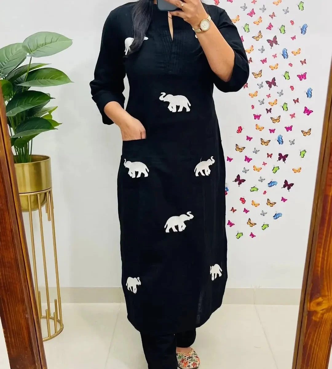 Black Cotton Slub Printed Kurti Pant Set