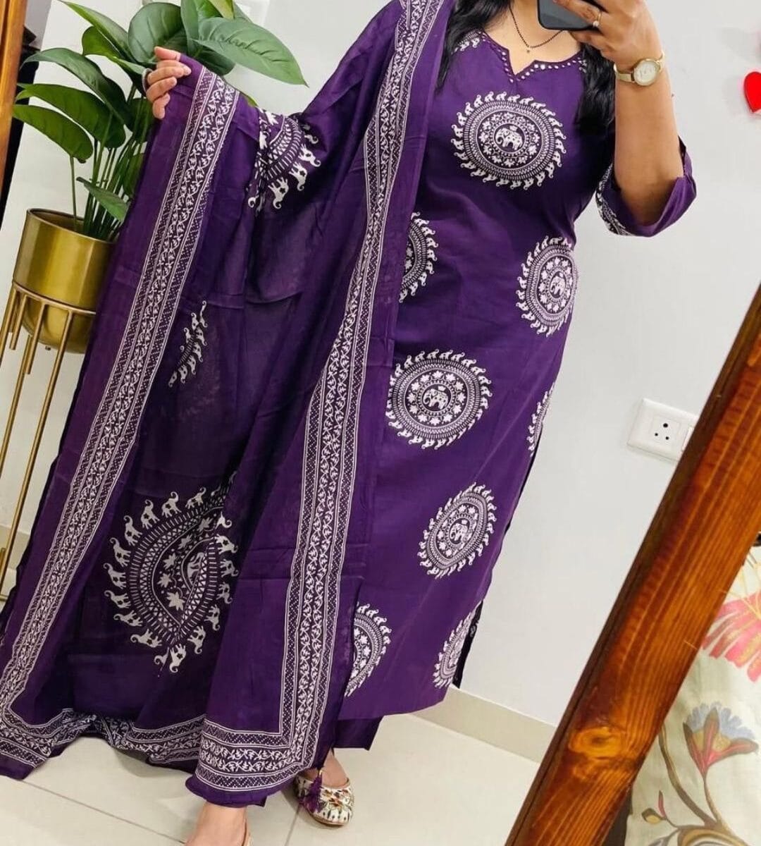 Purple Floral Print Kurti Pant Dupatta Set