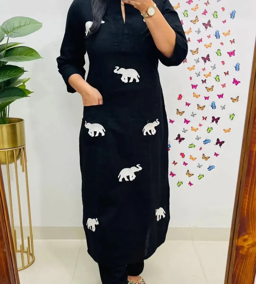 Black Cotton Elephant Print Kurti Pant Set