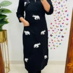 Black Cotton Elephant Print Kurti Pant Set
