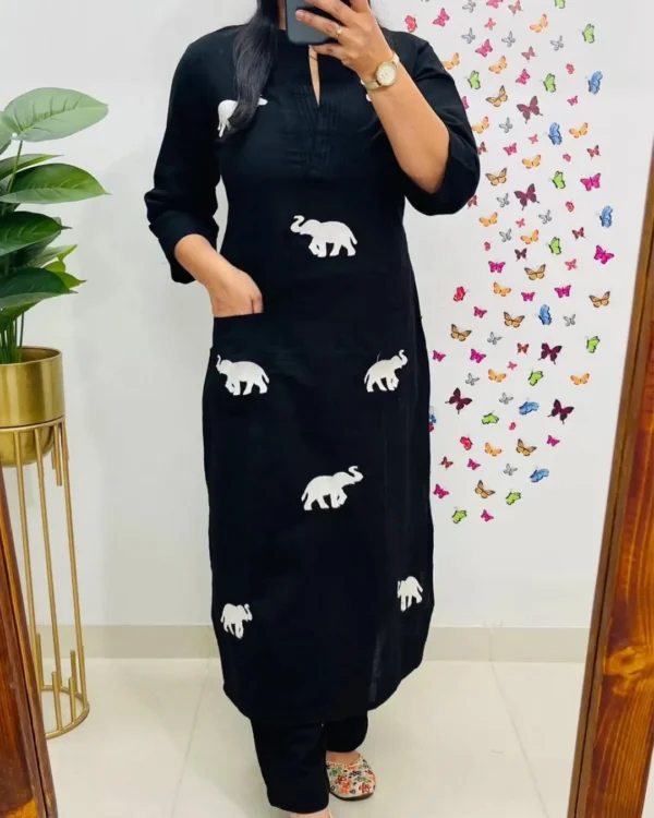 Black Cotton Elephant Print Kurti Pant Set
