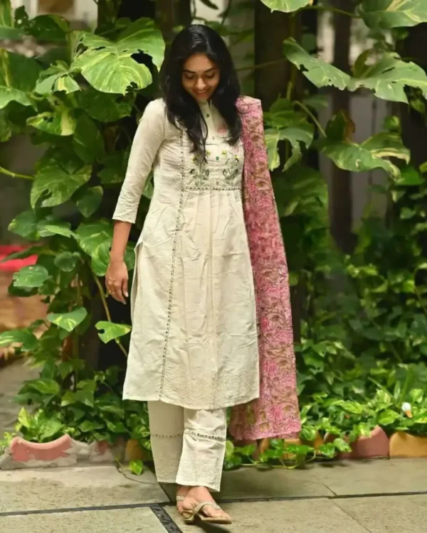 Schiffli Design White Suit Set