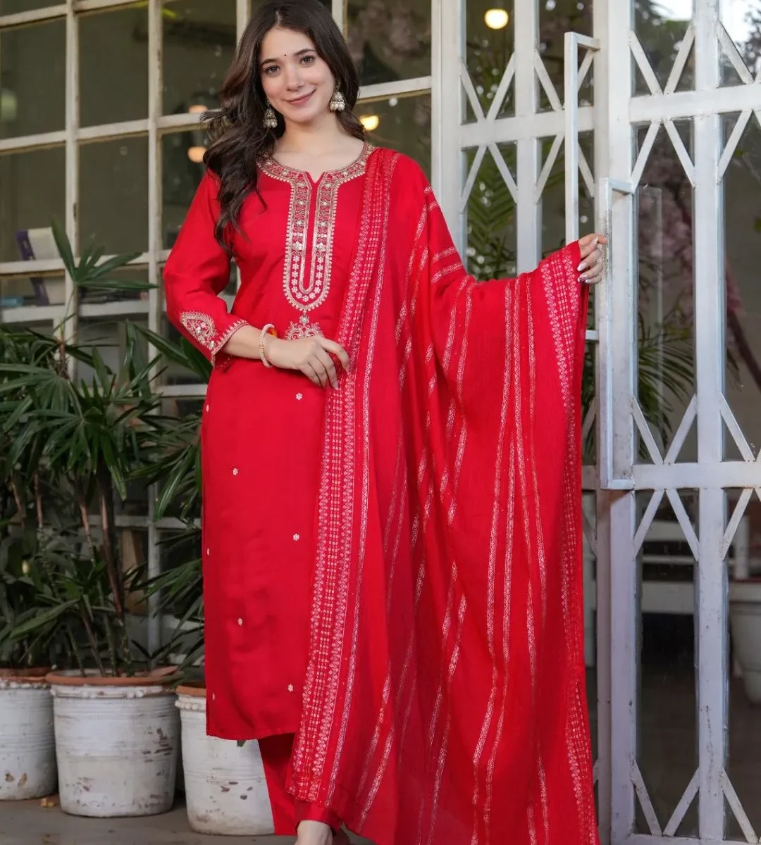 Red Viscose Chanderi Suits Set