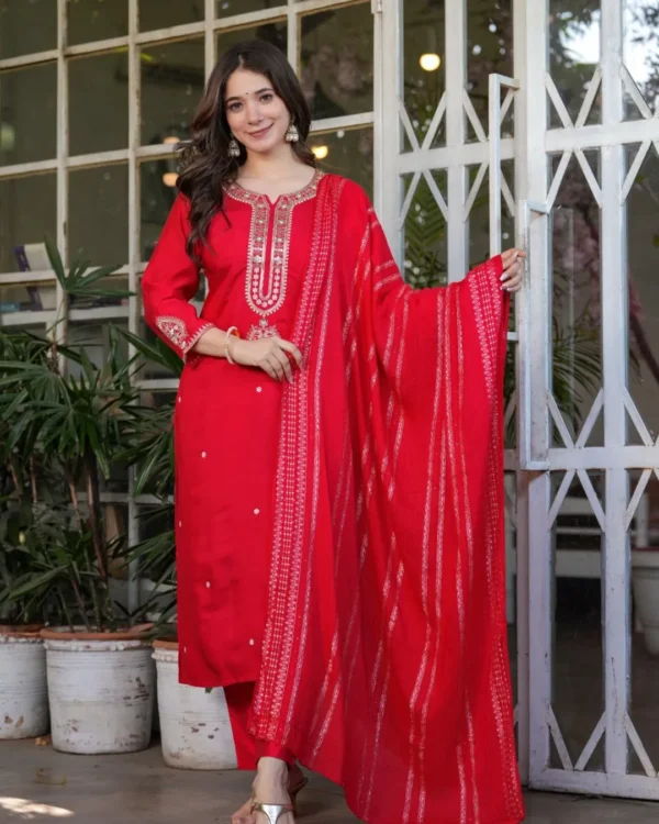 Red Viscose Chanderi Suits Set
