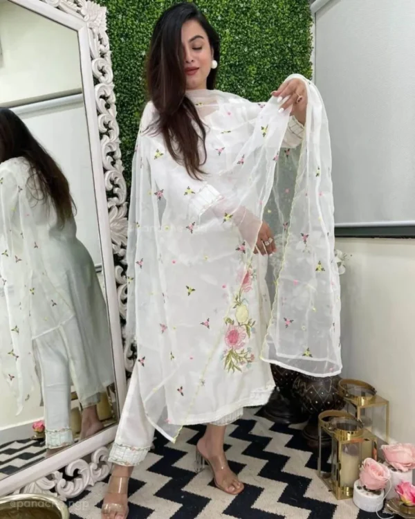 Cotton White With Organza Dupatta Suits Set