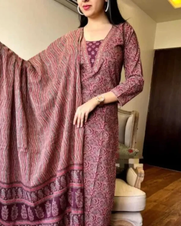 Ajrak Print Cotton Kurti​ Pant Dupatta Set