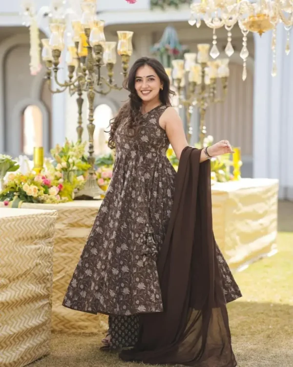 Cotton Brown Kurti Pant With Dupatta Set