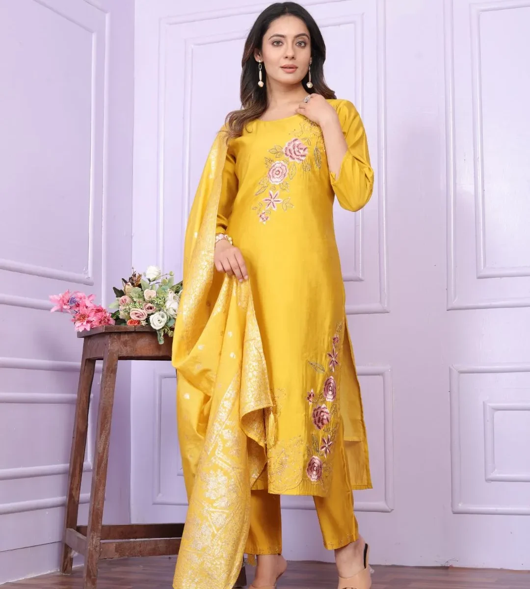 Party Wear Yellow Silk Kurti Pant Dupatta Set