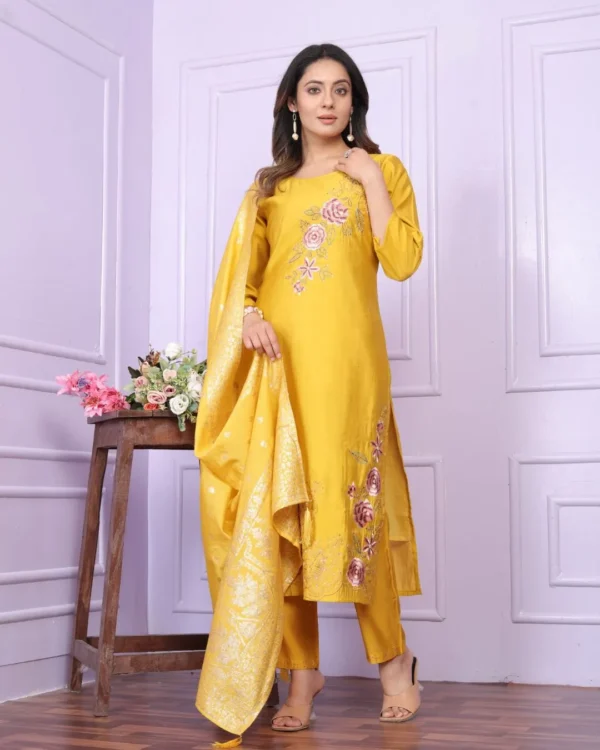 Party Wear Yellow Silk Kurti Pant Dupatta Set