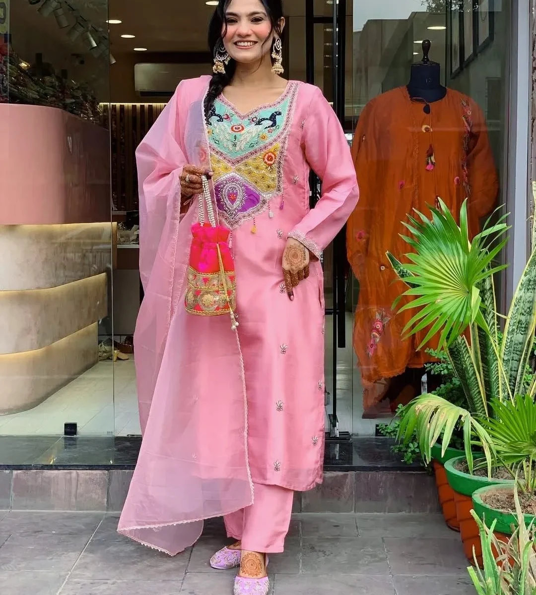 Silk Party Wear Kurti Pant Dupatta Set​