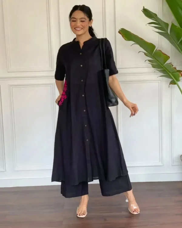 Cotton Slub Black Kurti With Palazzo Set