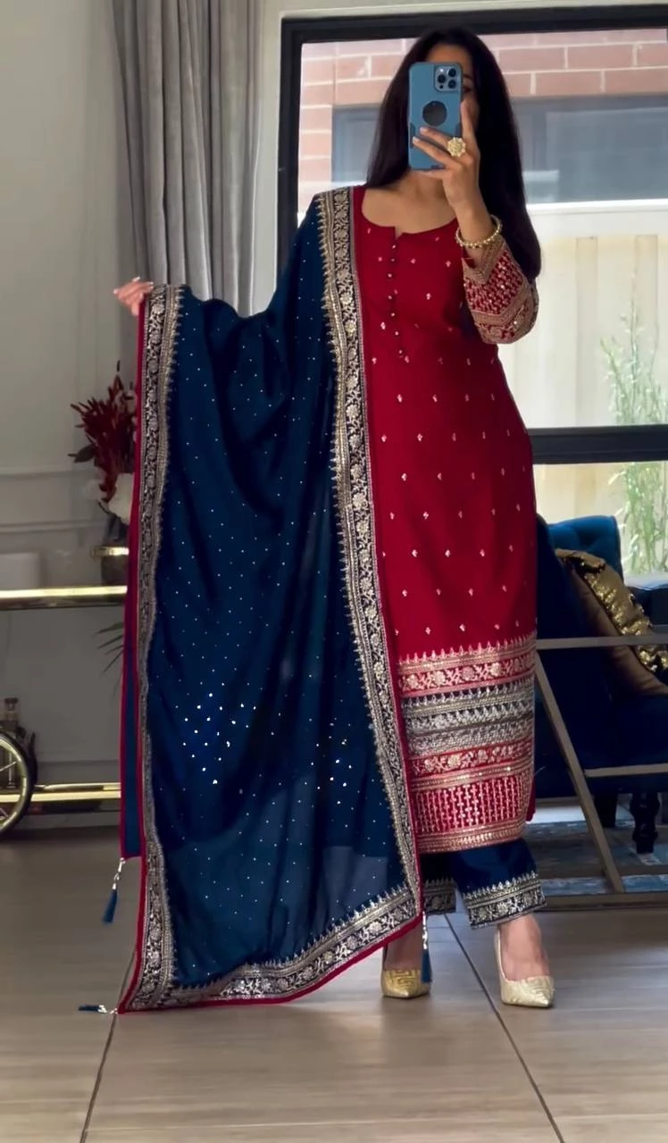 Party Wear Red Suits With Blue Dupatta Set