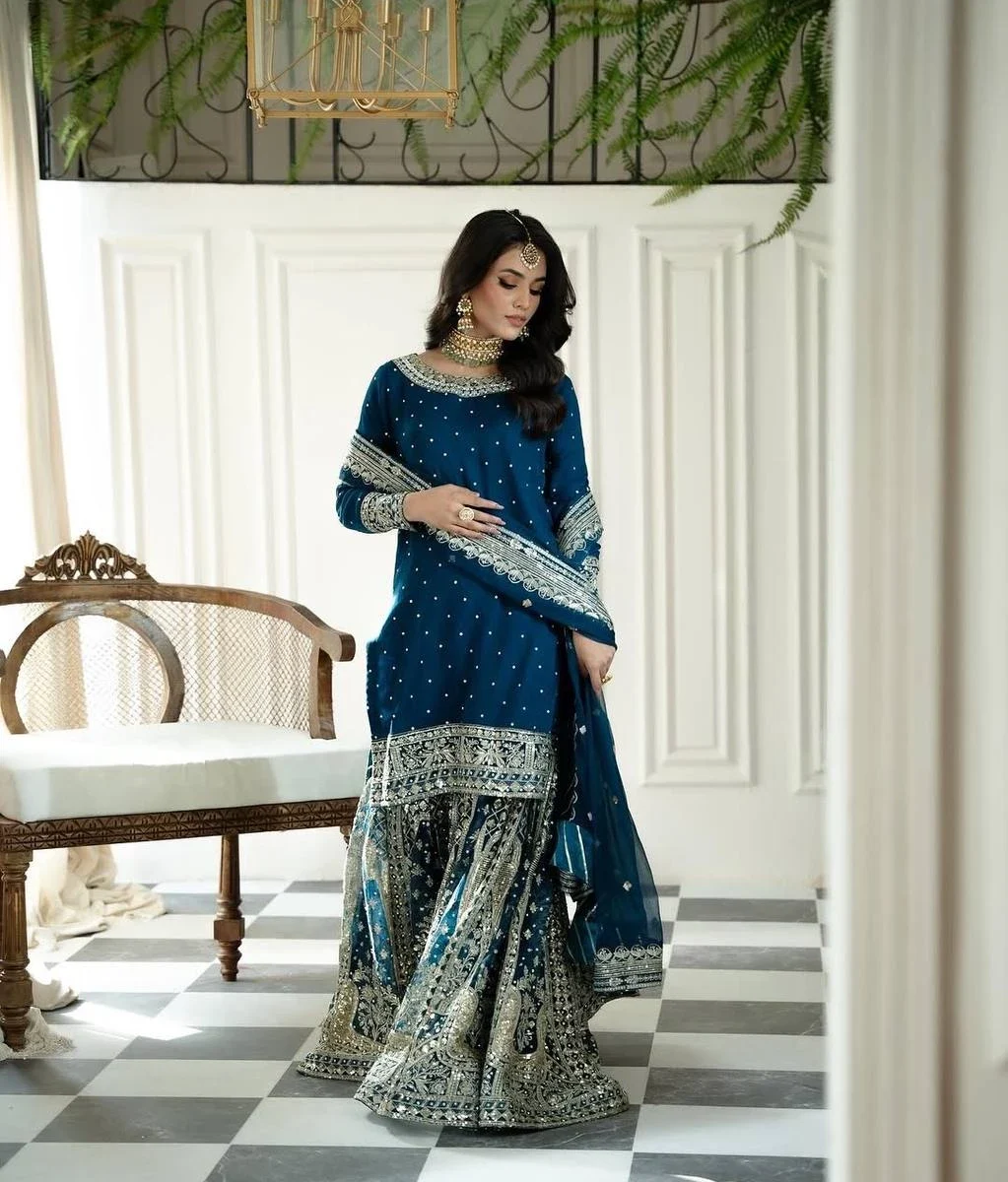 Party Wear Dark Blue Gharara Suit Set