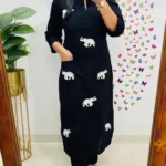 Black Cotton Slub Printed Kurti Pant Set