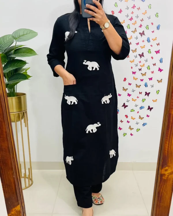 Black Cotton Slub Printed Kurti Pant Set