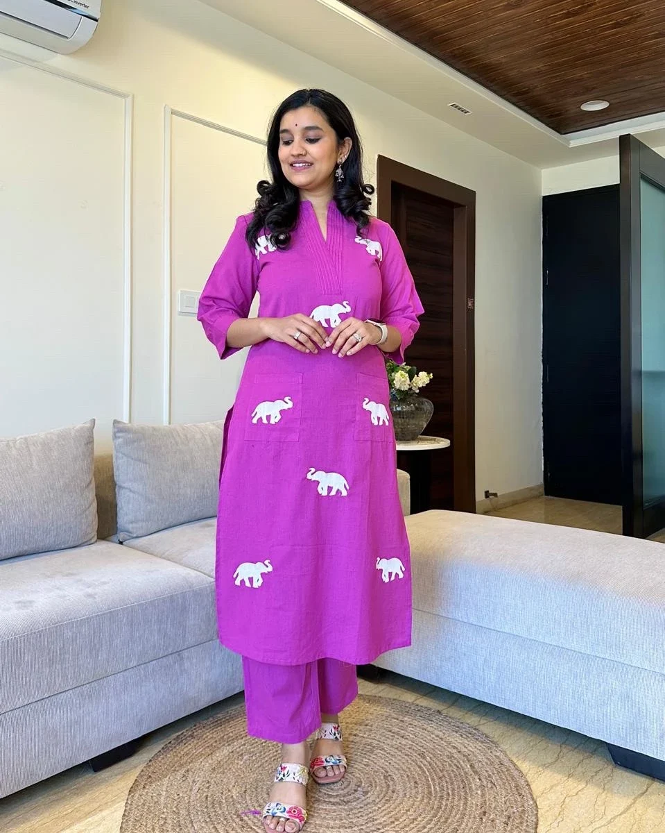 Printed Purple Cotton Kurti With Pant Set