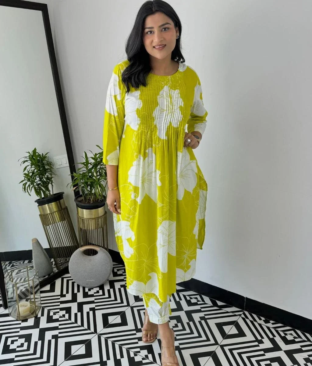 Office Wear Yellow Cotton Kurti Pant Set