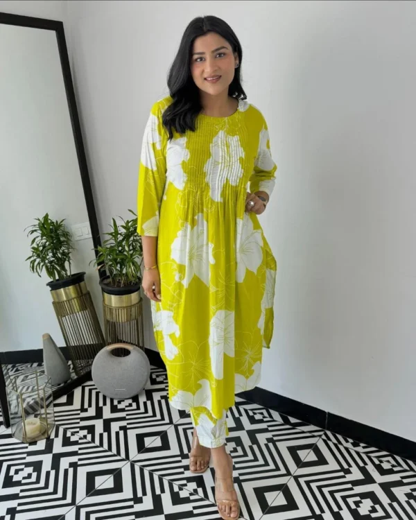 Office Wear Yellow Cotton Kurti Pant Set