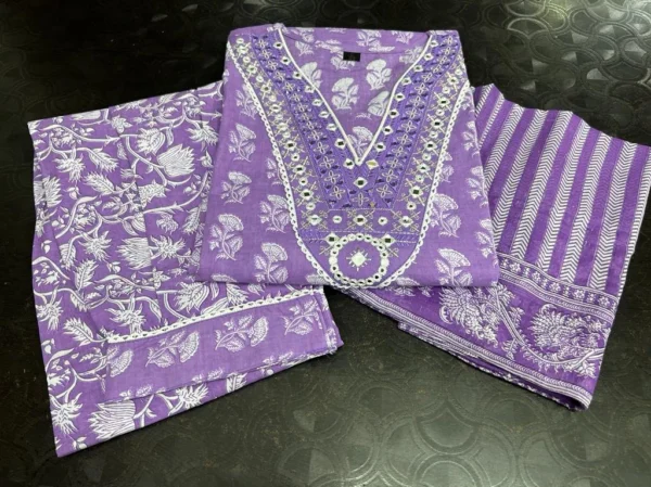 Cotton Sanganeri Print Kurti Pant Dupatta Set