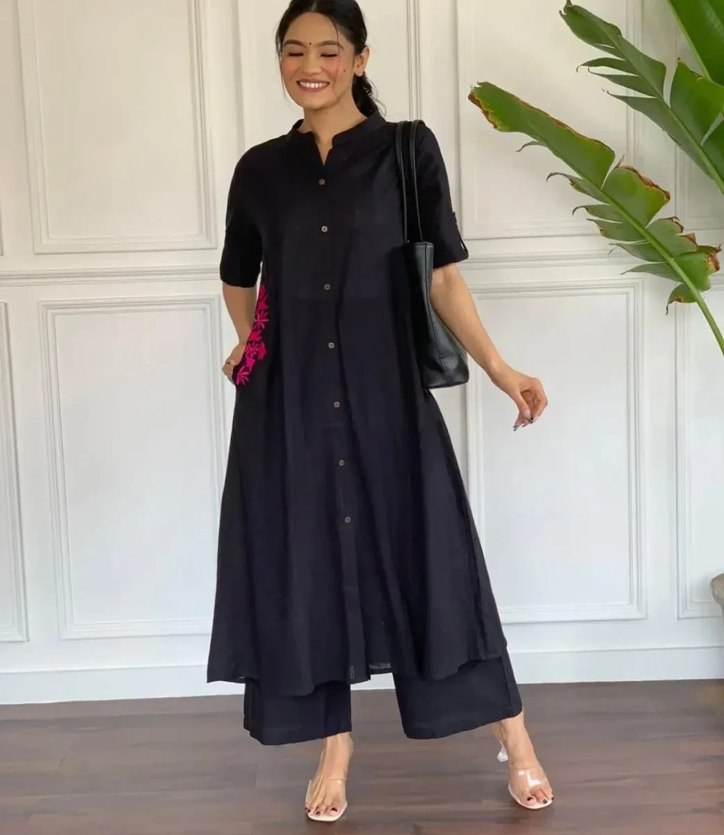 Cotton Slub Black Kurti With Palazzo Set