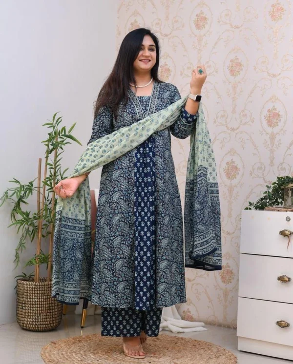 Printed Floral Blue Cotton Suit Set