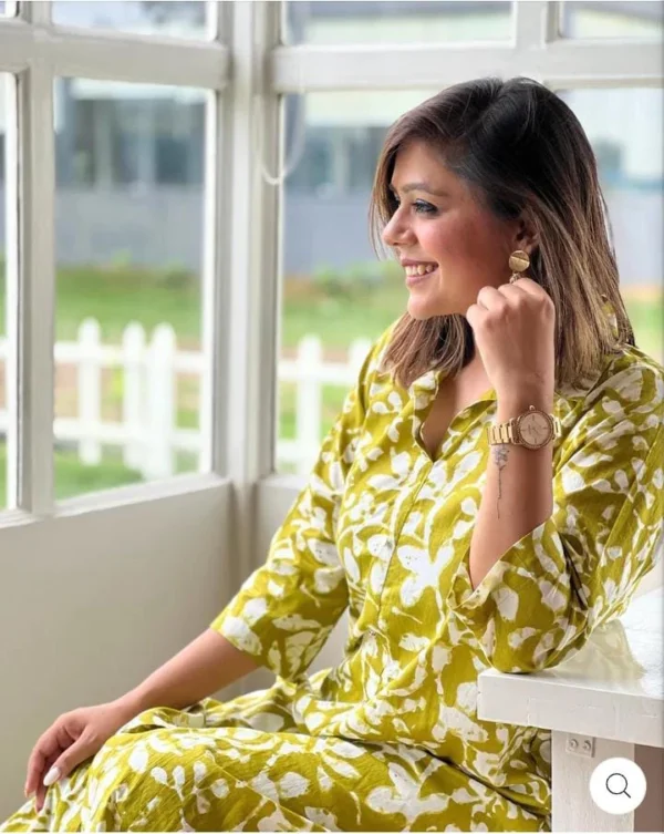 Floral Printed Yellow Kurti Pant Set