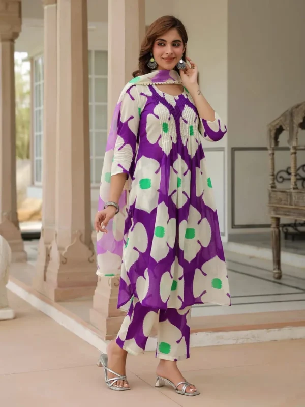 Purple Floral Print Kurti Pant Dupatta Set