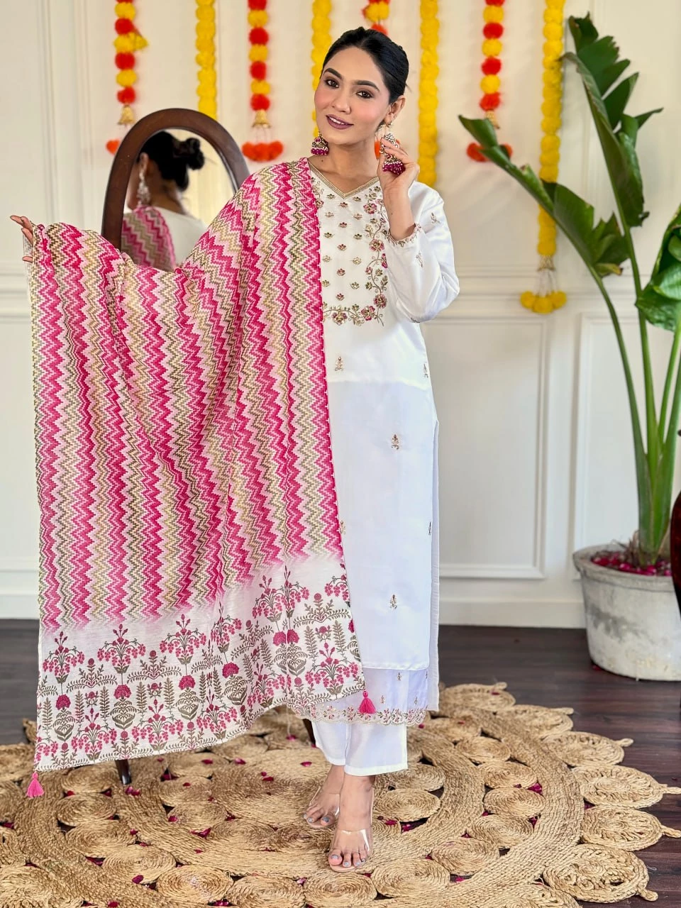 Viscose Chanderi White Suit Set