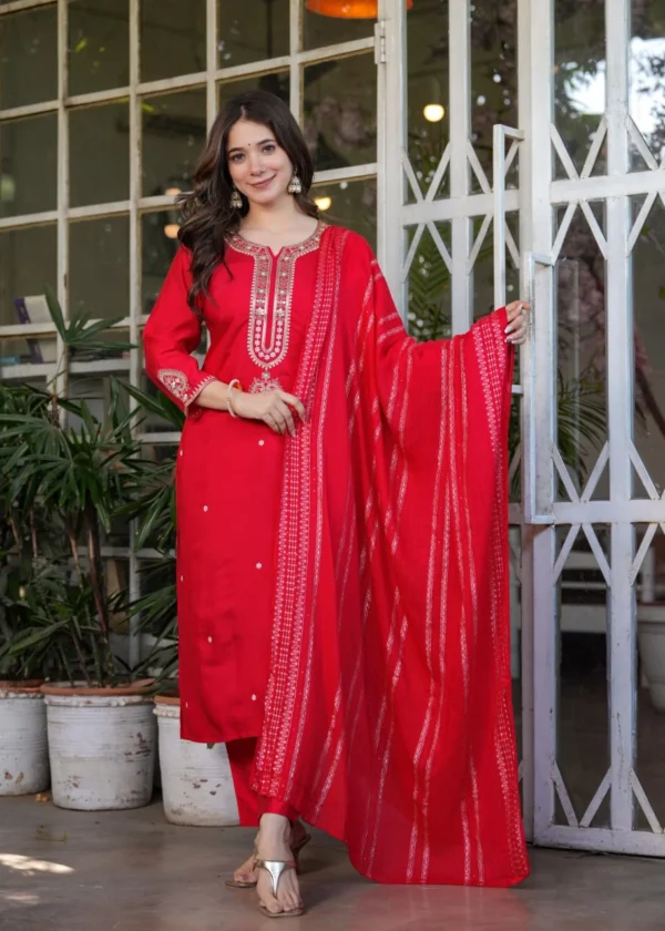 Red Viscose Chanderi Suits Set