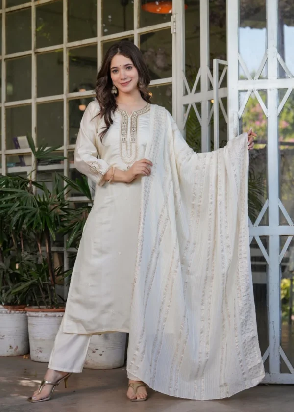 White Viscose Chanderi Suits Set