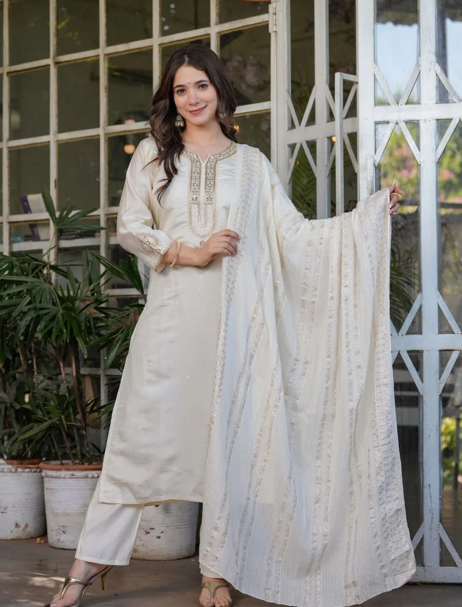 White Viscose Chanderi Suits Set
