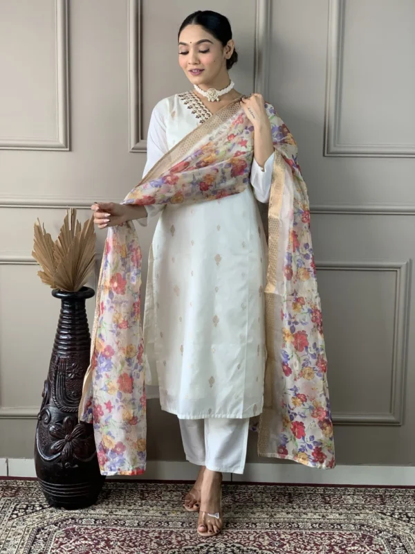 White Viscose Chanderi Suit​ Set