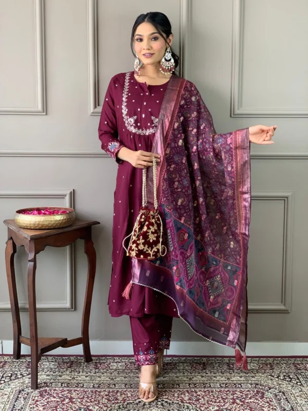 Maroon Viscose Chanderi Salwar Suit Set​