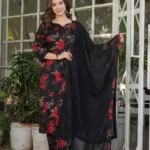 Floral Red Black Kurti Pant Dupatta Set