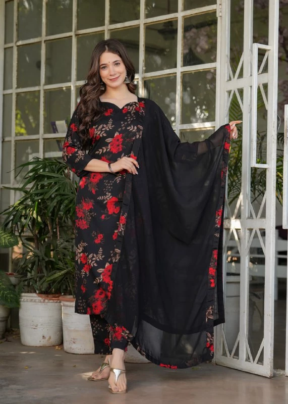 Floral Red Black Kurti Pant Dupatta Set