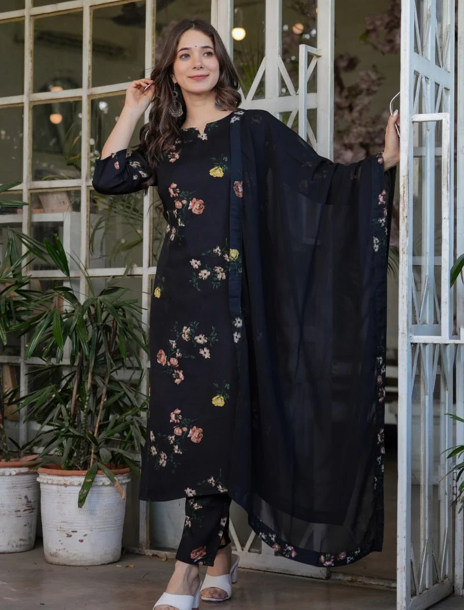 Printed Black Kurti Pant Dupatta Set