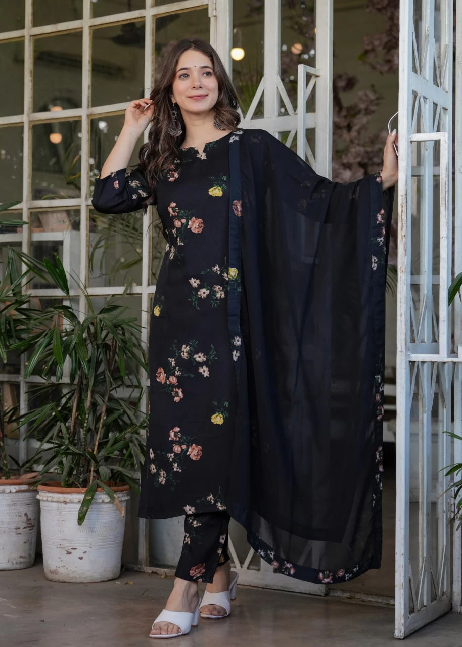 Printed Black Kurti Pant Dupatta Set