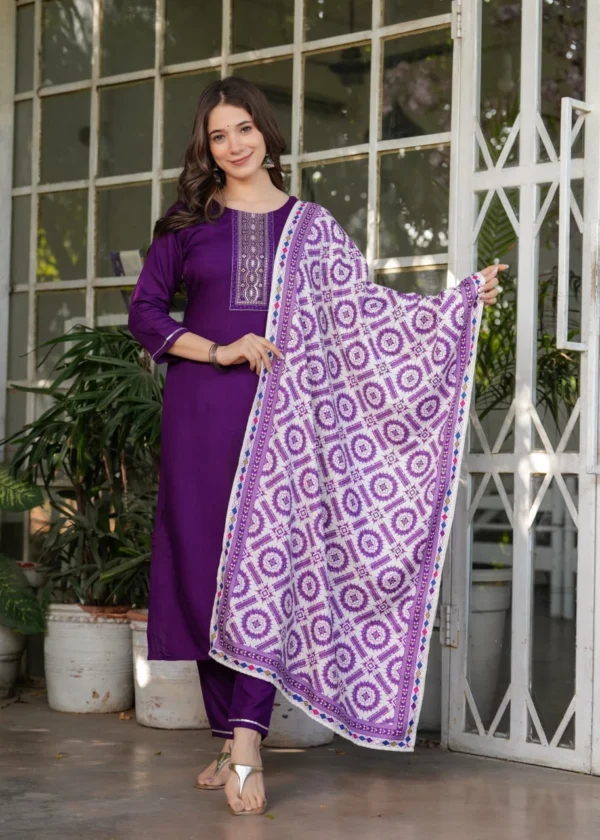 Purple Rayon Kurti Pant Dupatta Set