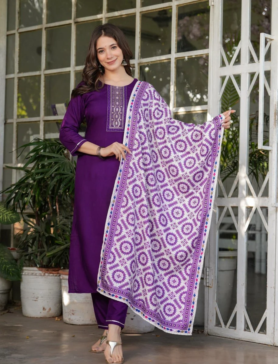 Purple Rayon Kurti Pant Dupatta Set