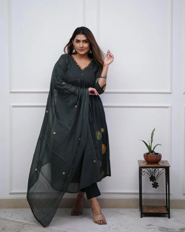 A-Line Dark Green Cotton Suit Set