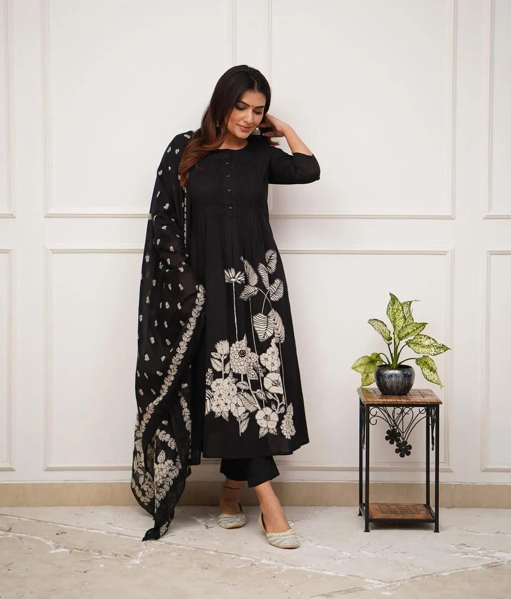Printed Black Cotton Suit Set