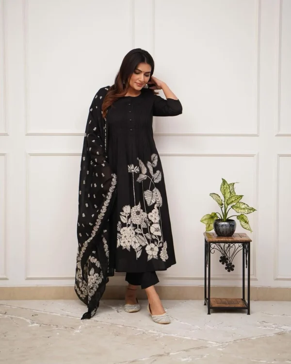 Printed Black Cotton Suit Set